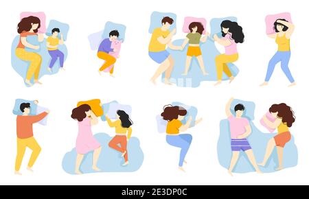 Schlafende Menschen. Mann, Frau und Kind schlafen Pose, männliche und weibliche Charaktere gesunden Schlaf im Bett. Menschen schlafen Posen Vektor Illustration Set Stock Vektor