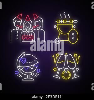 Familie Urlaub Party Neonlicht Icons Set Stock Vektor