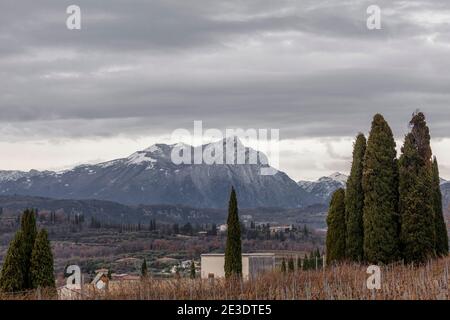 Der schneebedeckte Monte Pizzocolo von den Hügeln von Bardolino aus gesehen. Stockfoto