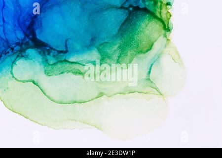 Makro-Nahaufnahme von abstrakter blauer und grüner Alkoholtinte auf Weiß. Flüssige Tinte, bunt strukturierter Hintergrund. Lebendige Farben. Kunst für Design. Stockfoto