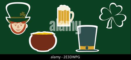 St. Patrick's Day. Symbole. Grüner Klee und roter Kobold. Krug mit Münzen und Bierkrug. Isolierte Vektordarstellung auf grünem Hintergrund. Stock Vektor