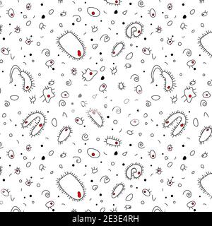 Doodle-Stil, handgezeichnetes Zeichenmuster auf transparentem Hintergrund. Medizinische Vektorzusammensetzung. Schwarze weiße Bakterienzellen unter dem Mikroskop. Stock Vektor