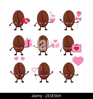 Valentinstag Kaffeebohnen Symbol auf weißem Hintergrund isoliert gesetzt, Stock Vektor