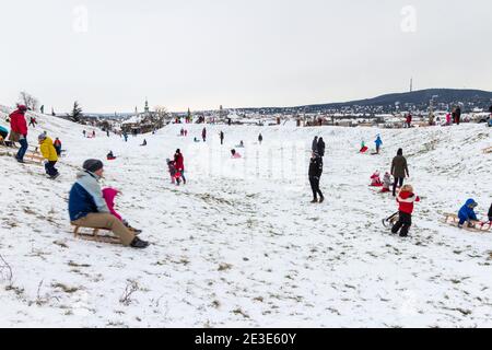 Peolpe Kinder und Erwachsene Rodeln auf dem Gelände des alten Amphitheaters im Winter auf Becsi-Domb, Sopron, Ungarn Stockfoto