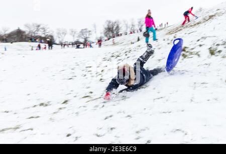 Kind Kind fällt beim Rodeln auf dem Gelände des antiken Amphitheaters im Winter auf Becsi-Domb, Sopron, Ungarn Stockfoto