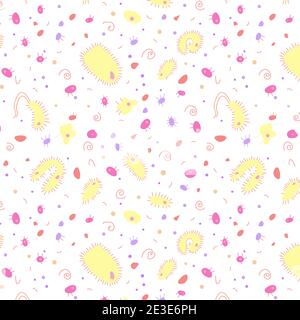 Doodle-Stil, handgezeichnetes Zeichenmuster auf transparentem Hintergrund. Medizinische Vektorzusammensetzung. Bunte Bakterienzellen unter dem Mikroskop. Stock Vektor