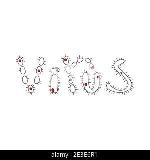 Schwarz-weißes Wort Virus im Doodle-Stil mit Strich auf weißem Hintergrund. Stock Vektor