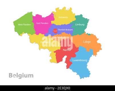 Belgien Karte, administrative Teilung, separate einzelne Regionen mit Namen, Farbkarte isoliert auf weißem Hintergrund Vektor Stock Vektor