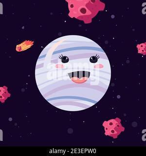Weißer kawaii Planet mit Asteroiden des Weltraums futuristisch und Kosmos Darstellung des Motivvektors Stock Vektor