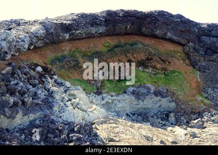 Die Überreste der letzten Vulkanausbrüche zwischen dem Jahr 1975 und 1984 im Krafla Lava Feld bei Myvatn, Island im Sommer Stockfoto