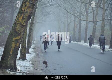 Frontalansicht des nördlichen Hauptweges des Parks, mit Joggern, Spaziergängern und Bikern. Kahle Bäume umrahmen das Bild im Winternebel. Stockfoto