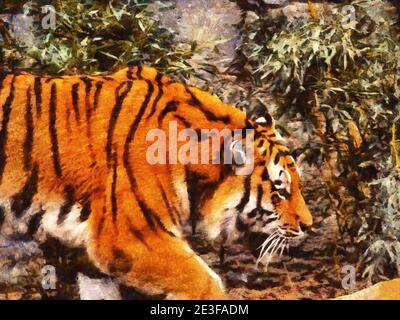 Tiger auf dem Hintergrund der Pflanzen. Künstlerische Arbeit zum Thema Tiere Stockfoto