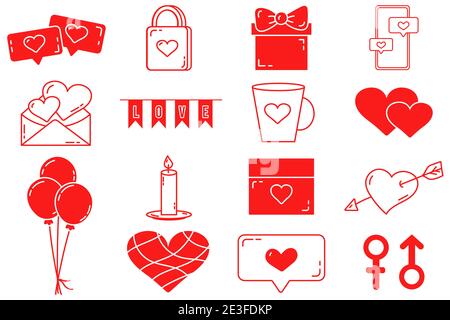 Ein Satz bearbeitbarer Vektorelemente. Valentines Day Kollektion mit editierbarer Kontur. Vektor niedlichen Illustrationen. Ein Liebesbrief. Isolierte Symbole auf einem weißen Stock Vektor