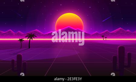 Retro Wave Desert Neon Cover mit Oase und Palmen. Natur Hintergrund. Vektorgrafik Stock Vektor