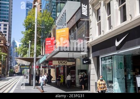 Erstklassige Einzelhandelsgeschäfte im Stadtzentrum von Sydney Entlang der George Street und im zentralen Einkaufsviertel, Sydney, Australien Stockfoto