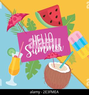 hallo Sommer Kokos Cocktails Wassermelone und Regenschirm-Design, Urlaub und tropisches Thema Vektor-Illustration Stock Vektor