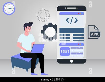 App-Entwicklung Konzept Illustration mit Mann verwenden Sie einen Laptop Stock Vektor