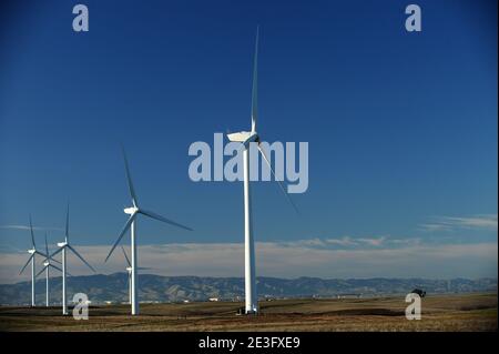Blick auf das Shiloh II Windprojekt in Rio Vista, Kalifornien, USA am 9. Januar 2009. Das Windkraftwerk Shiloh ist ein Windpark, der mittlerweile Hunderte von Windenergieanlagen umfasst. Foto von Lionel Hahn/ABACAPRESS.COM Stockfoto