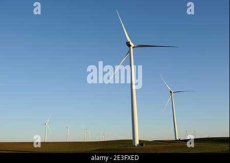 Blick auf das Shiloh II Windprojekt in Rio Vista, Kalifornien, USA am 9. Januar 2009. Das Windkraftwerk Shiloh ist ein Windpark, der mittlerweile Hunderte von Windenergieanlagen umfasst. Foto von Lionel Hahn/ABACAPRESS.COM Stockfoto