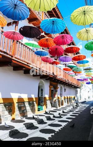 Bunte Straße mit bunten Regenschirmen in der ummauerten Stadt Cartagena, Kolumbien Stockfoto