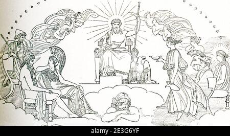 Diese Szene ist eine von mehreren Entwürfen, die der englische Bildhauer und Zeichner John Flaxman (1755–1826) zur Illustration von Passagen aus dem griechischen Epos Homers Iliad and Odyssey gemacht hat, einem auftrag, den Georgiana Hare-Naylor während seines Aufenthalts in Rom gegeben hatte. Es repräsentiert den Rat der Götter. Es wurde 1793 getan. Stockfoto