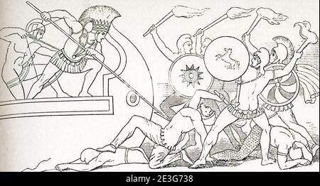 Diese Szene ist eine von mehreren Entwürfen, die der englische Bildhauer und Zeichner John Flaxman (1755–1826) zur Illustration von Passagen aus dem griechischen Epos Homers Iliad and Odyssey gemacht hat, einem auftrag, den Georgiana Hare-Naylor während seines Aufenthalts in Rom gegeben hatte. Es repräsentiert Ajax, der die griechischen Schiffe verteidigt. Es wurde 1793 getan. Stockfoto