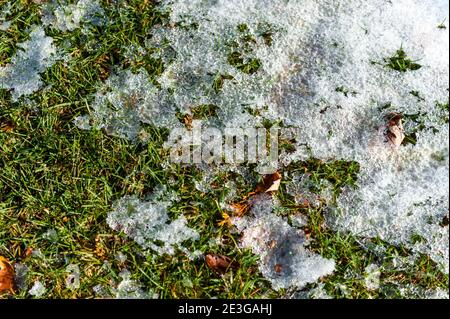 Schmelzender Schnee auf grünem Rasen Stockfoto