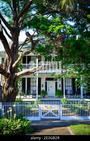 Das schöne, historische griechische Revival-Stil 'Lesesne House' mit Veranda und Schaukelstühlen in Fernandina Beach, FL auf Amelia Island Stockfoto