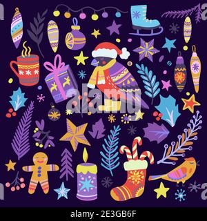 Gemütliche Weihnachten, Happy New Year niedlich Hand gezeichnet Illustration. Großer Satz von Vektor-Elementen für Einladungen, Grußkarten Stock Vektor