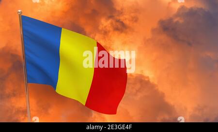 Tschad Flagge auf Stange. Dramatischer Hintergrund. Nationalflagge des Tschad Stockfoto