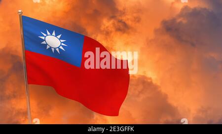 Taiwan Flagge auf Stange. Dramatischer Hintergrund. Nationalflagge von Taiwan Stockfoto