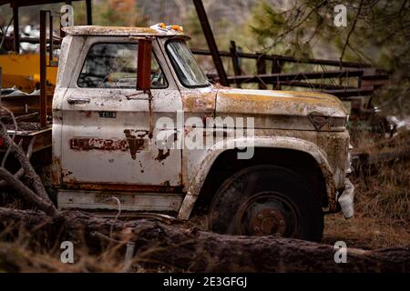 Ein rostiger, weißer 1965 GMC 4000 2 1/2-Tonnen-LKW mit Pfahlkarosserie, in einem Sägewerk, in Troy, Montana, USA. GMC C/K-Serie LKW Stockfoto