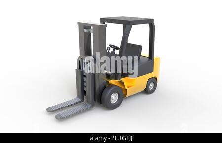 Gelber Gabelstapler mit leerer Gabel auf weißem Hintergrund. Transport- und Industriekonzept. Versand- und Lieferlager. 3D-Illustration ren Stockfoto