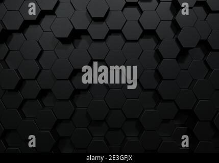 Schwarze Hexagon Waben Formen matte Oberfläche nach oben zufällig nach unten bewegen. Abstraktes modernes Design Hintergrundkonzept. 3D-Illustration Rendering Grafik des Stockfoto