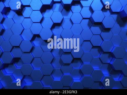 Blaue Hexagon Wabe Formen matte Oberfläche nach oben zufällig nach unten bewegen. Abstraktes modernes Design Hintergrundkonzept. 3D-Darstellung Rendering Graphen Stockfoto