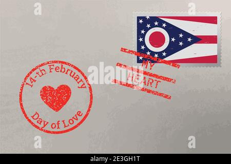 Briefmarkenumschlag mit Ohio USA Flagge und Valentinstag Briefmarken, Vektor Stock Vektor