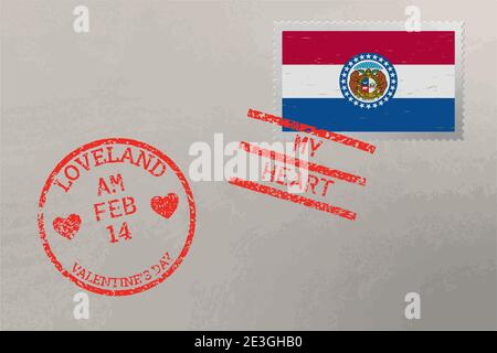 Briefmarkenumschlag mit Missouri USA Flagge und Valentinstag Briefmarken, Vektor Stock Vektor