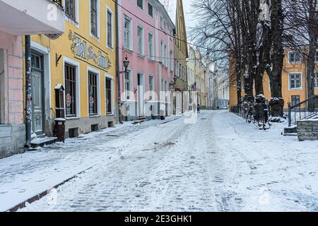 Estland. Tallinn. Januar 14, 2021. Enge Gassen in der Altstadt. Mittelalterliche Architektur des Baltikums. Winter, Stadtbild. Hochwertige Fotos Stockfoto
