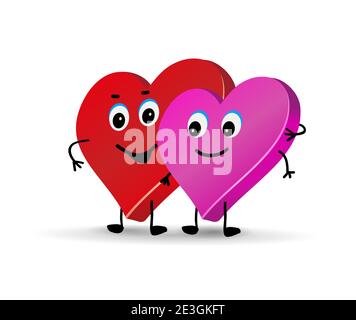 Niedliche Charaktere von Liebenden. Paarherzen einer umarmt den anderen. Vektorgrafik isoliert auf weißem Hintergrund. Valentinstag oder für Hochzeit con Stock Vektor