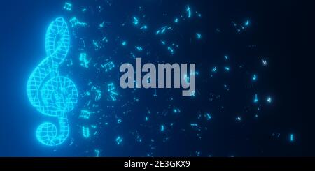 Blau digital glühende Musik Höhen-Schlüssel-Symbol mit Noten auf schwarzem Hintergrund - 3D-Illustration, moderne oder digitale Streaming-Musik-Konzept Stockfoto