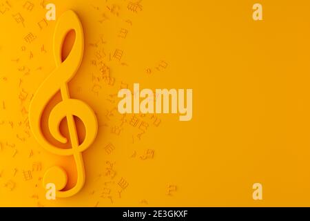 Musik Violinschlüssel Symbol mit Noten flach legen oben Ansicht von oben auf gelbem Hintergrund mit Kopierplatz - 3D-Illustration Stockfoto