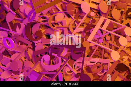 Violette und orange Noten und Symbole Hintergrund Textur flach Lay Draufsicht von oben - 3D-Darstellung Stockfoto