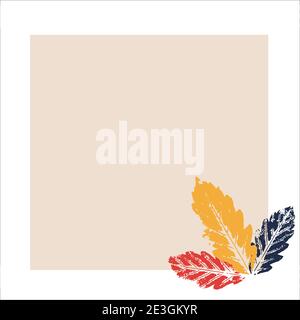 Abstrakter beigefarbener quadratischer Hintergrund für Text mit farbigen abstrakten Blättern auf der rechten Seite. Vector Herbstdesign. Gestaltung von Angebotstextinformationen. Vorlage für Stock Vektor