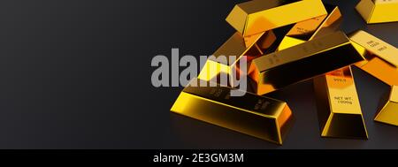 Glänzende Goldbarren oder Barren auf dunkelschwarzem Hintergrund mit Kopierfläche - Edelmetall- oder Geldinvestitionskonzept, 3D-Illustration Stockfoto