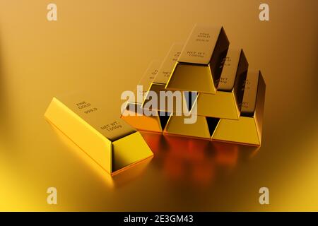 Glänzende Goldbarren oder Barren Pyramide mit einzelnen Goldbarren vorne über Goldhintergrund - Edelmetall- oder Geldinvestitionskonzept, 3D-Illustration Stockfoto