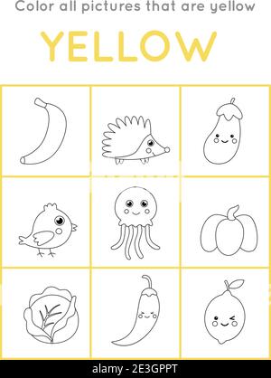 Färben Sie alle Objekte mit gelber Farbe. Pädagogische Färbung Spiel für Kinder. Stock Vektor
