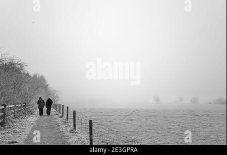 Zwei Wanderer auf dem Jurassic Way-Weg in der Nähe von East Carlton Park, Corby, Nhants, England, an einem nebligen januartag während der 2021 Sperre Stockfoto