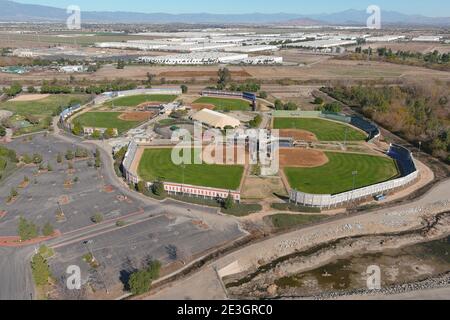 Eine Luftaufnahme des Big League Dreams Sports Park, Sonntag, 17. Januar 2021, in Chino Hills, Kalifornien. Stockfoto