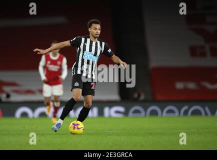 London, Großbritannien. Januar 2021. Jacob Murphy (Nu) beim EPL-Spiel Arsenal gegen Newcastle United, im Emirates Stadium, London, UK am 18. Januar 2021. Die Spiele der englischen Premier League werden immer noch hinter verschlossenen Türen gespielt, wegen der aktuellen COVID-19 Coronavirus-Pandemie und der staatlichen sozialen Distanzierungs-/Sperrbeschränkungen. Kredit: Paul Marriott/Alamy Live Nachrichten Stockfoto