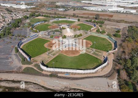 Eine Luftaufnahme des Big League Dreams Sports Park, Sonntag, 17. Januar 2021, in Chino Hills, Kalifornien. Stockfoto